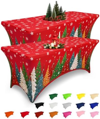 2 Pack Spandex Tablecloth 8FT, Elastic Fitted Red Christmas Trees in Red Christmas Tree