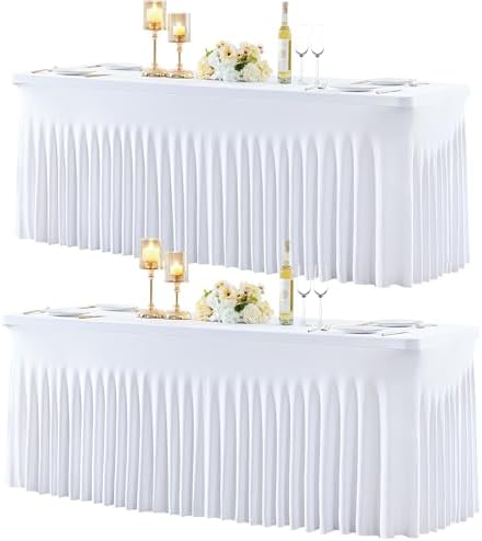 2 Pack Spandex White Fitted Table Cloth for 6ft Rectangle Tables White Stretch Tablecloth Table Covers Skirt