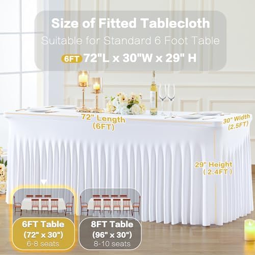 2 Pack Spandex White Fitted Table Cloth for 6ft Rectangle Tables White Stretch Tablecloth Table Covers Skirt, alternate view