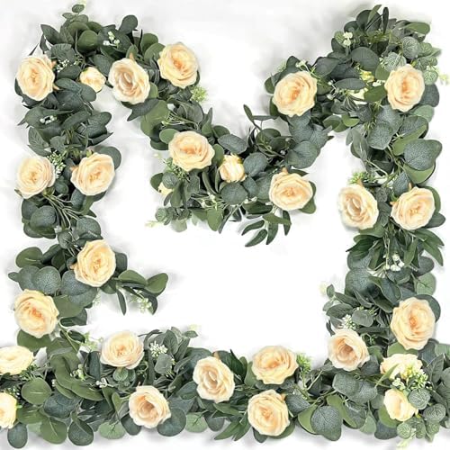 2 Pack Spring Artificial Eucalyptus Flower Garland with Champagne Roses, 13FT Fake Flower Greenery Floral Vines