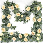 2 Pack Spring Artificial Eucalyptus Flower Garland with Champagne Roses, 13FT Fake Flower Greenery Floral Vines