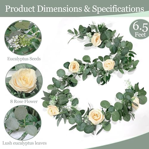2 Pack Spring Artificial Eucalyptus Flower Garland with Champagne Roses, 13FT Fake Flower Greenery Floral Vines, alternate