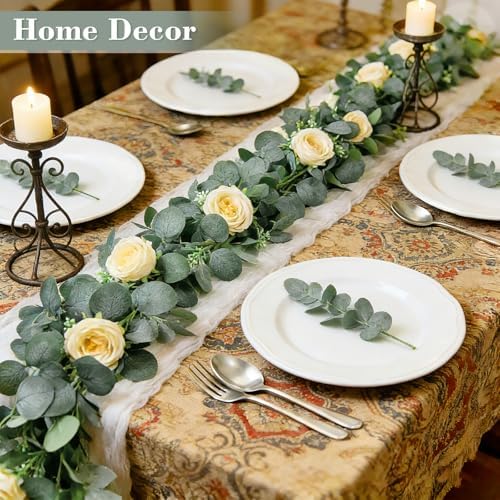 2 Pack Spring Artificial Eucalyptus Flower Garland with Champagne Roses, 13FT Fake Flower Greenery Floral Vines, alternate