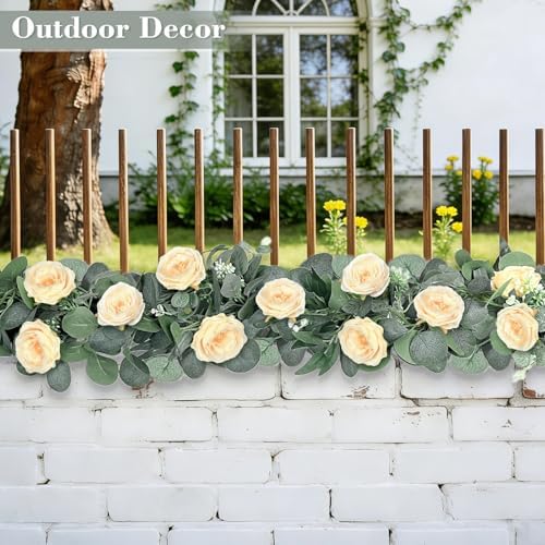 2 Pack Spring Artificial Eucalyptus Flower Garland with Champagne Roses, 13FT Fake Flower Greenery Floral Vines, alternate