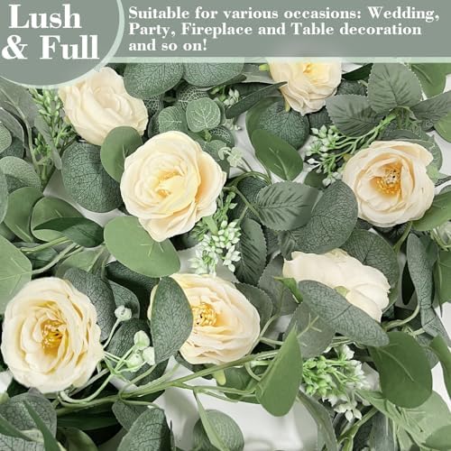 2 Pack Spring Artificial Eucalyptus Flower Garland with Champagne Roses, 13FT Fake Flower Greenery Floral Vines, alternate