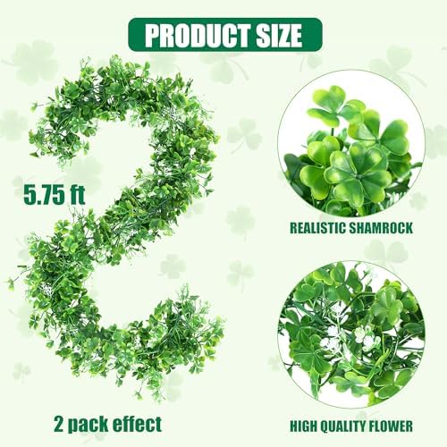 2 Pack St Patrick's Day Garlands 11.5Ft Plastic Shamrock Clover Garlands Artificial Green Irish Garlands St, alternate view 7