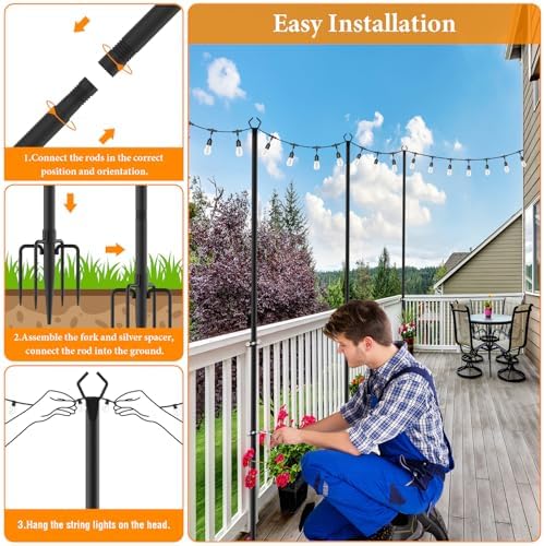 2 Pack String Light Poles,10 Ft Light Poles for Outside String Lights, Outdoor Lights Pole with Fork, Metal, alternate view 5