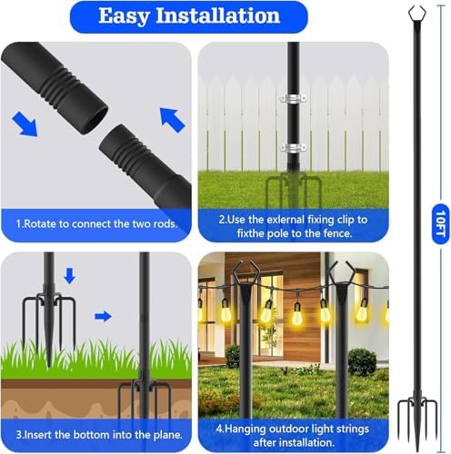 2 Pack String Light Poles,10 Ft Metal Poles with Fork for Outdoor String Lights, Outdoor Light Poles with Fork, alternate