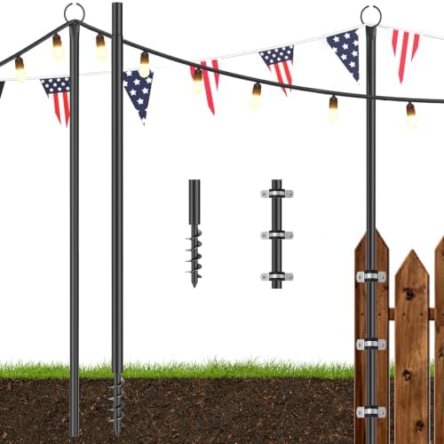 2 Pack String Light Poles for Outside, 10.5 Ft & Fence Brackets String Light Poles for String Lights, Backyard