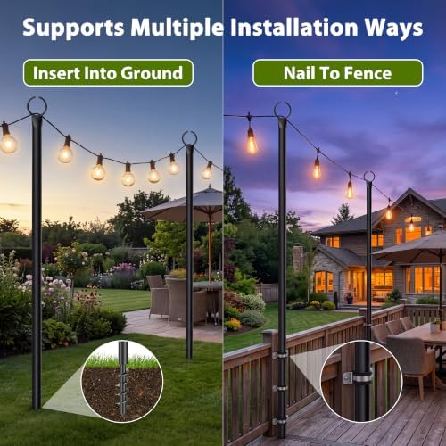 2 Pack String Light Poles for Outside, 10.5 Ft & Fence Brackets String Light Poles for String Lights, Backyard, alternate