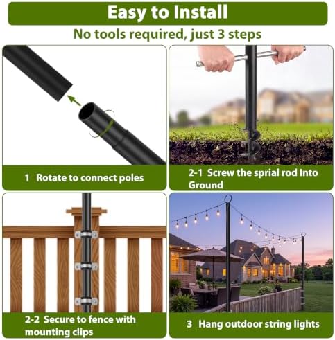 2 Pack String Light Poles for Outside, 10.5 Ft & Fence Brackets String Light Poles for String Lights, Backyard, alternate