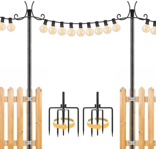 2 Pack String Light Poles for Outside, 10 FT Heavy Duty Metal Festoon Poles with 4-Prong Ground Stake
