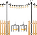 2 Pack String Light Poles for Outside, 10 FT Heavy Duty Metal Festoon Poles with 4-Prong Ground Stake