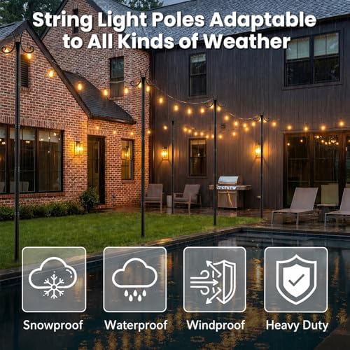 2 Pack String Light Poles for Outside, 10 FT Heavy Duty Metal Festoon Poles with 4-Prong Ground Stake, alternate view 6