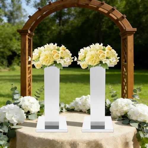 2 Pack Tall Silver Vases for Centerpieces, 23.6" Stainless Steel Column Geometric Centerpieces Wedding Flower, alternate view