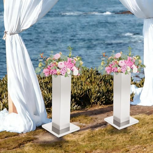 2 Pack Tall Silver Vases for Centerpieces, 23.6" Stainless Steel Column Geometric Centerpieces Wedding Flower, alternate view