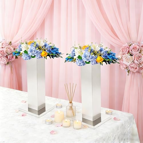 2 Pack Tall Silver Vases for Centerpieces, 23.6" Stainless Steel Column Geometric Centerpieces Wedding Flower, alternate view