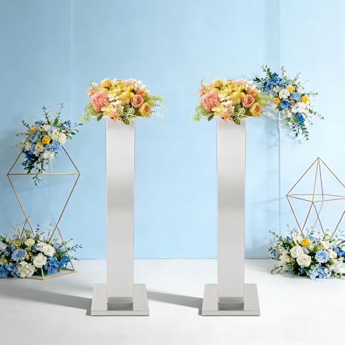 2 Pack Tall Silver Vases for Centerpieces, 39.3" Stainless Steel Column Geometric Centerpieces Wedding Flower, alternate view