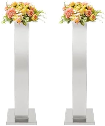 2 Pack Tall Silver Vases for Centerpieces, 39.3" Stainless Steel Column Geometric Centerpieces Wedding Flower, alternate view