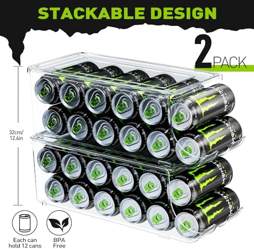2 Pack Tall Skinny Can Organizer for Refrigerator, Stackable Large Soda Cans of 16oz & 17oz Beverage Energy, alternate view 2
