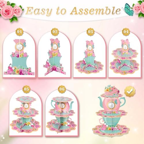 2 Pack Tea Party Cupcake Stands Birthday Decorations in Colorful, alternate view 6