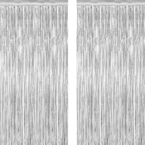 2 Pack Tinsel Backdrop, 3.28 FT x 7.05 FT Birthday Party Decorations, Silver Party Streamer Fringe Curtains Foil