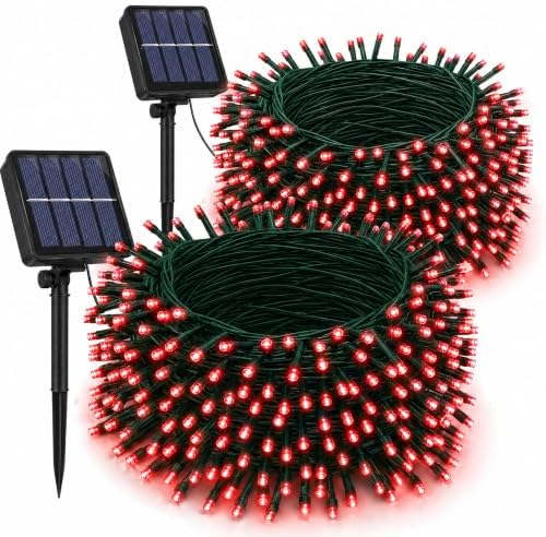 2 Pack Total 400LED 132FT Red Christmas Solar String Outdoor Lights, Solar Powered with 8 Modes Waterproof Fairy