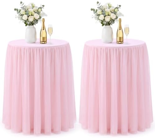 2 Pack Tulle Cocktail Tablecloth with Tutu Skirt, 32 x 43 Inch Pink in 32 x 43 Inch