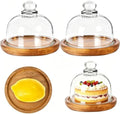 2 Pack Ultra Mini Wooden Base Cake Display Stand with Glass Dome, Cloche Clear Glass Bell Jar Cover for Dessert