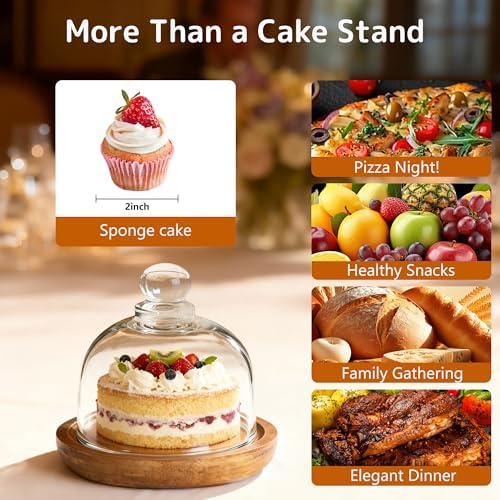 2 Pack Ultra Mini Wooden Base Cake Display Stand with Glass Dome, Cloche Clear Glass Bell Jar Cover for Dessert, alternate