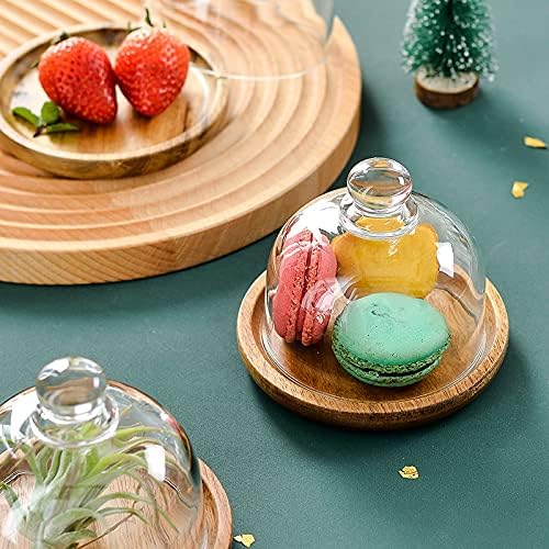 2 Pack Ultra Mini Wooden Base Cake Display Stand with Glass Dome, Cloche Clear Glass Bell Jar Cover for Dessert, alternate