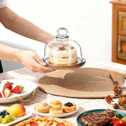 2 Pack Ultra Mini Wooden Base Cake Display Stand with Glass Dome, Cloche Clear Glass Bell Jar Cover for Dessert, alternate