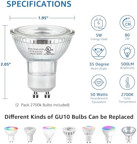 2 Pack Uplighting Indoor Floor Can Light, 5W Up Lights with 2700K LED GU10 Bulbs, Uplights Floor Spot Lights, alternate view