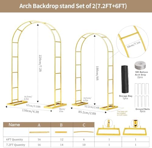 2 Pack Wedding Arch Backdrop Stand (7.2FT/6FT) Metal Frame with Base, alternate view 4