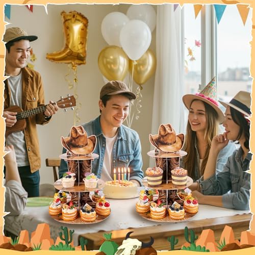 2 Pack Western Cowboy Cupcake Stand Western Party Decorations in Brown, alternate view 2