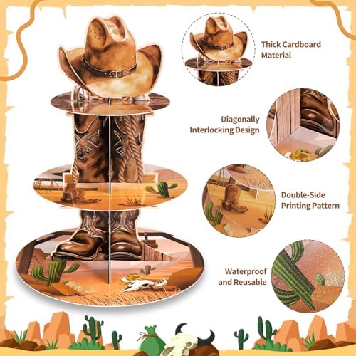 2 Pack Western Cowboy Cupcake Stand Western Party Decorations in Brown, alternate view 3