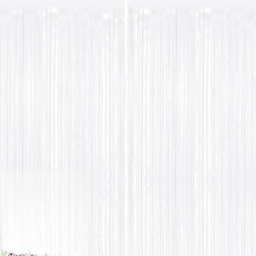 2 Pack White Foil Fringe Curtains Backdrop, Metallic Tinsel Streamers