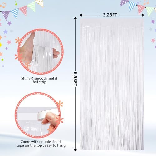 2 Pack White Foil Fringe Curtains Backdrop, Metallic Tinsel Streamers, alternate view 3