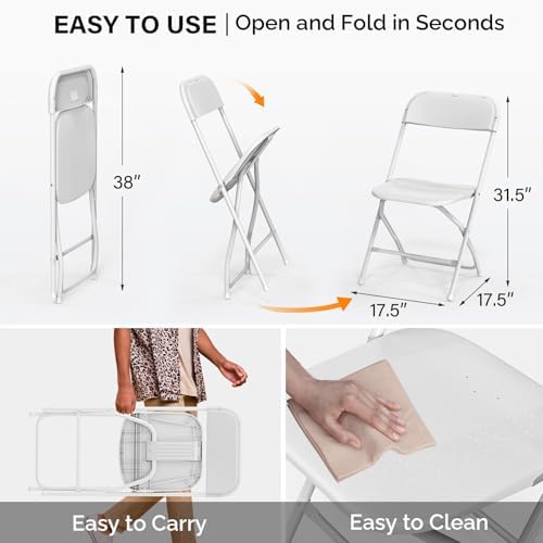 2 Pack White Plastic Folding Chair, Indoor Outdoor Portable Stackable Commercial Seat with Steel Frame 350lb, alternate view