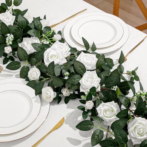 2 Pack White Rose Garland, 11.2 Ft Artificial Flower Vines for Decor in White