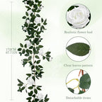 2 Pack White Rose Garland, 11.2 Ft Artificial Flower Vines for Decor in White, alternate view 2