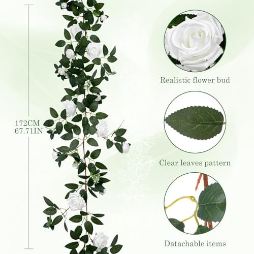 2 Pack White Rose Garland, 11.2 Ft Artificial Flower Vines for Decor in White, alternate view 2