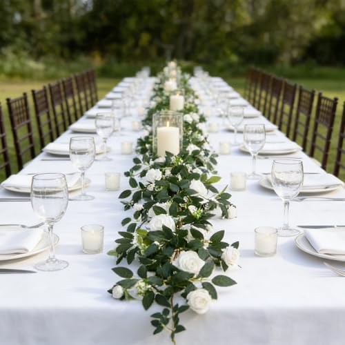 2 Pack White Rose Garland, 11.2 Ft Artificial Flower Vines for Decor in White, alternate view 6