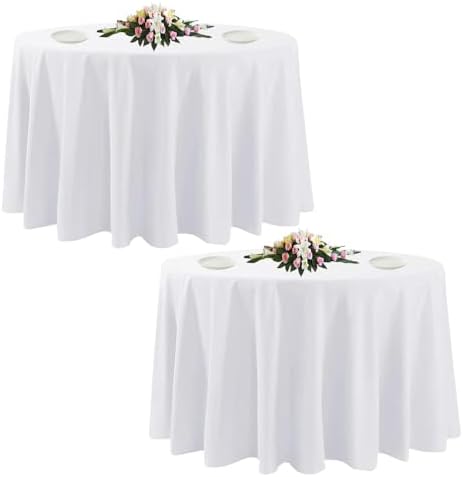 2 Pack White Round Tablecloths, 120 Inch Stain Resistant and Wrinkle Polyester Fabric Washable Table Clothes