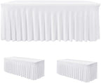 2 Pack White Spandex Table Covers 4ft Rectangle Ruffle Skirts for Party in 24x48 Inch| 2 Pack in White