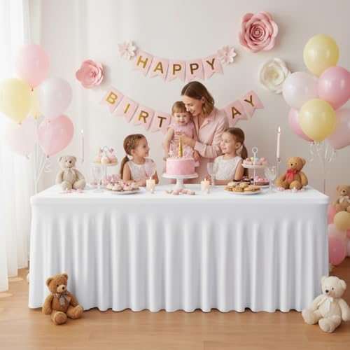 2 Pack White Spandex Table Covers 4ft Rectangle Ruffle Skirts for Party in 24x48 Inch| 2 Pack in White, alternate view 2