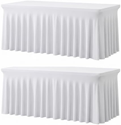 2 Pack White Spandex Table Covers 6 FT, Elastic Fitted Stretch Table Skirts for Rectangle Tables, Wrinkle