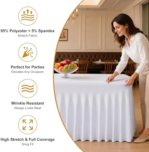 2 Pack White Spandex Table Covers 6 FT, Elastic Fitted Stretch Table Skirts for Rectangle Tables, Wrinkle, alternate view 3