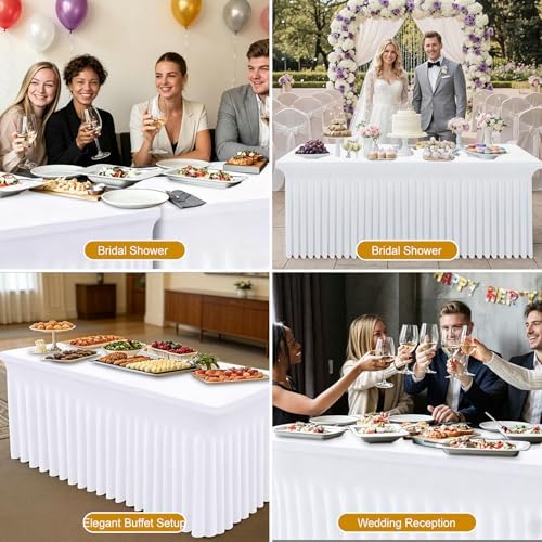 2 Pack White Spandex Table Covers 6 FT, Elastic Fitted Stretch Table Skirts for Rectangle Tables, Wrinkle, alternate view 4