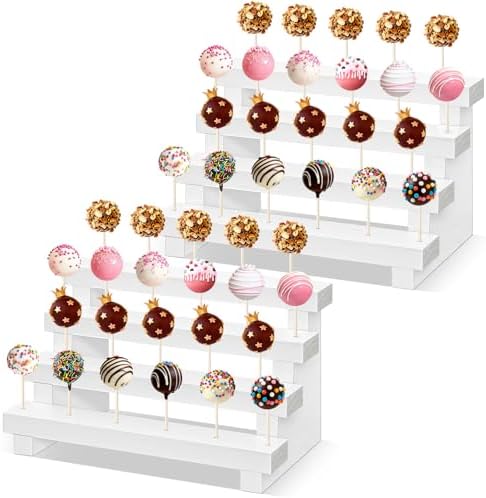 2 Pack Wood Cake Pop Stand, 4 Tier Rustic White Lollipop Holder Stand, 44 Holes Cake Candy Dessert Table Display